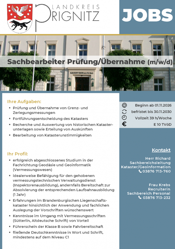 Sachbearbeiter Prüfung/Übernahme (m/w/d) - befristet bis 30.11.2030 - Seite 1