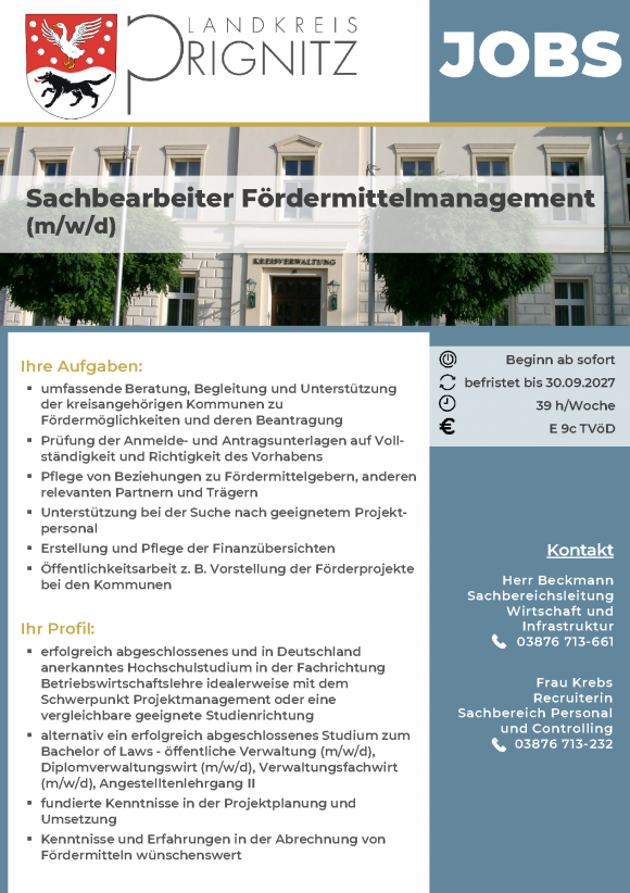 Sachbearbeiter Fördermittelmanagement (m/w/d)