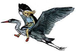 Die kleine Dott fliegt auf einem Silbereiher übers Land (Zeichnung: Bernd Streiter)