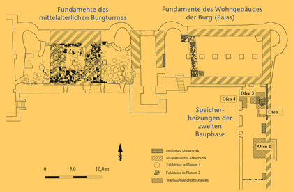 Grabungsplan der Baureste im Keller des Schlosses Meyenburg (Quelle: Archäo Kontrakt)
